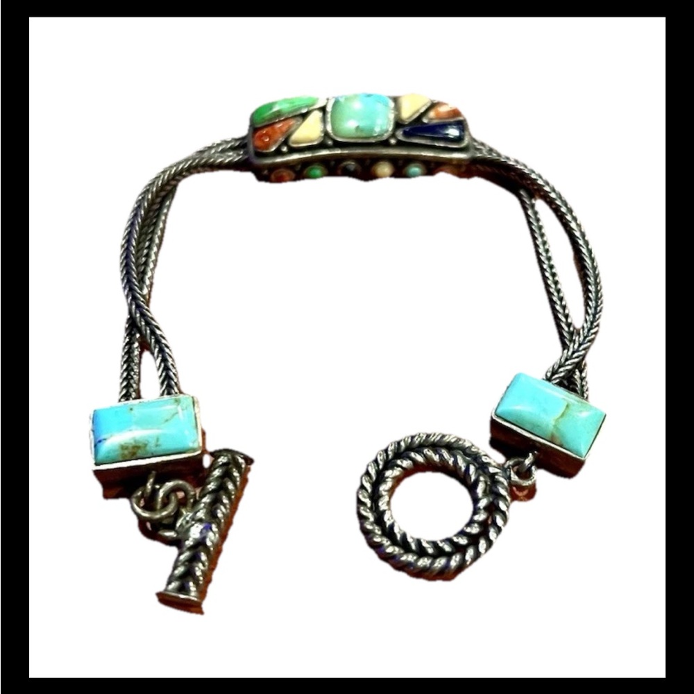 7” Vintage Barse Sterling Silver Turquoise Coral Lapis Cabochon Toggle Bracelet